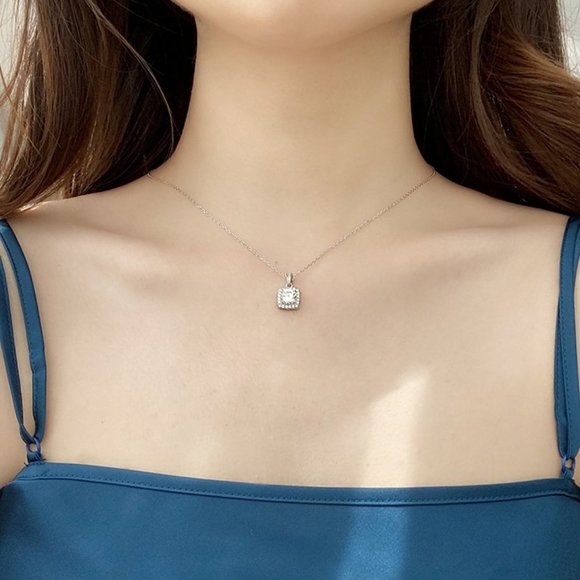 Certified 1ct. t.w. Moissanite Diamond Square Halo Pendant Necklace NEW - Picture 10 of 15